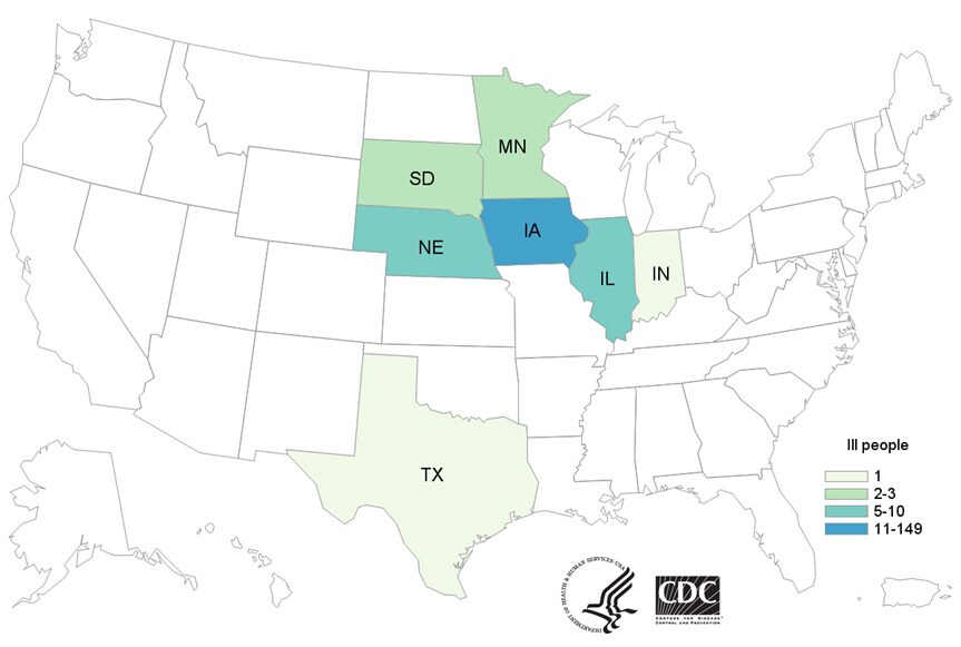 People infected with the outbreak strain of Salmonella Typhimurium, by state of residence, as of March 7, 2018