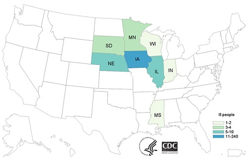 People infected with the outbreak strain of Salmonella I 4,[5],12:b:-, by state of residence.