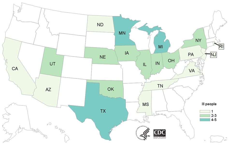 Map of United States - People infected with the outbreak strain of Salmonella, by state of residence, as of November 10, 2020
