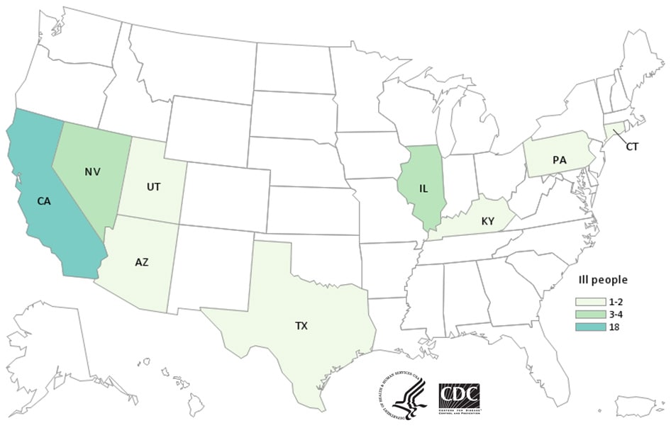 Map of United States - People infected with the outbreak strains of Salmonella by state of residence, as of January 22, 2020.