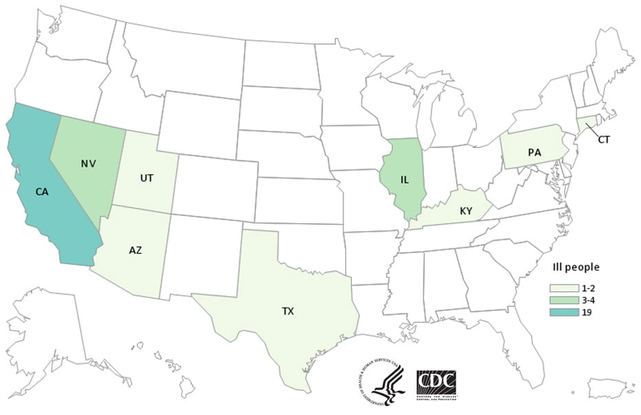 Map of United States - People infected with the outbreak strains of Salmonella by state of residence, as of March 13, 2020.