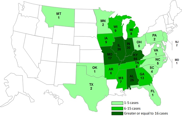 Final Case Count Map: Persons infected with the outbreak strains of Salmonella Typhimurium and Salmonella Newport, by State