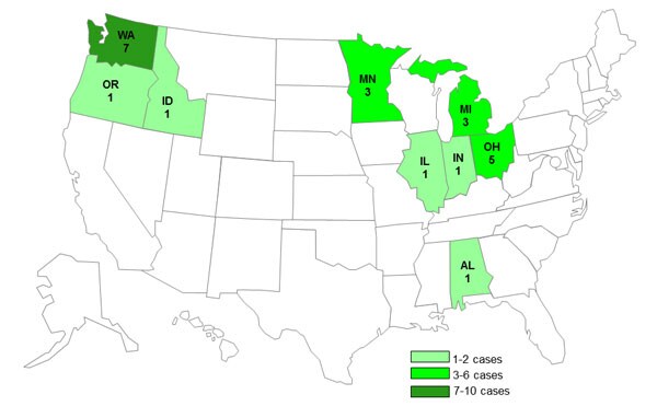 Case Count Map: April 16, 2013--Persons infected with the outbreak strain of Salmonella Typhimurium, by State
