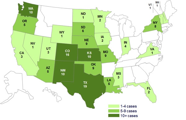 May 10, 2013 Case Count Map: Persons infected with the outbreak strain of Salmonella Typhimurium, by State
