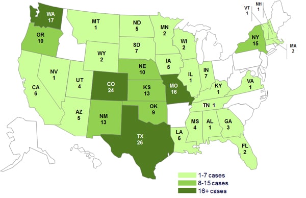June 6, 2013 Case Count Map: Persons infected with the outbreak strain of Salmonella Typhimurium, by State