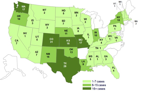 June 28, 2013 Case Count Map: Persons infected with the outbreak strain of Salmonella Typhimurium, by State