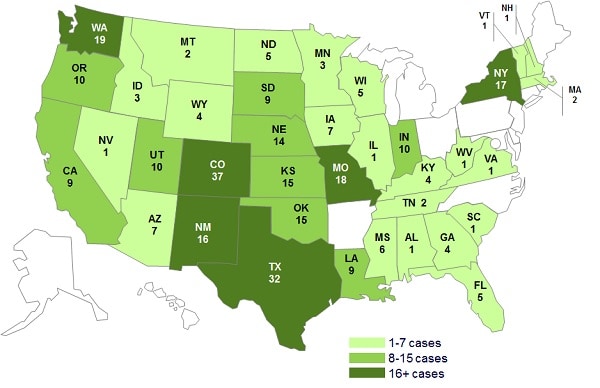 August 9, 2013: Case Count Map: Persons infected with the outbreak strain of Salmonella Typhimurium, by State