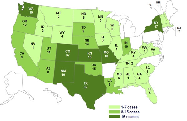 August 19, 2013 Case Count Map: Persons infected with the outbreak strain of Salmonella Typhimurium, by State