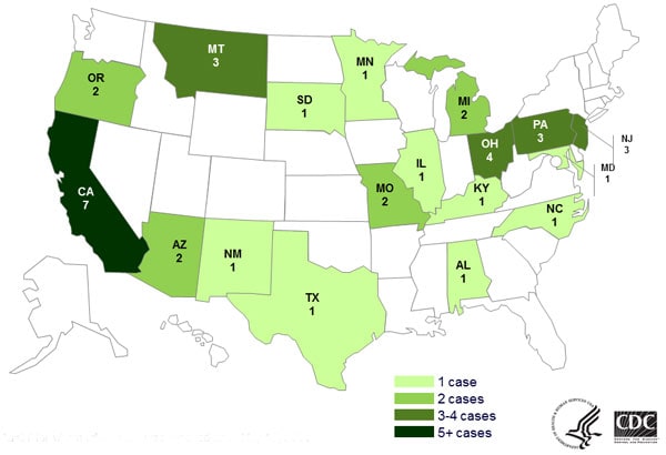 Persons infected with the outbreak strain of Salmonella Typhimuriuim, by state, by state as of May 13, 2014