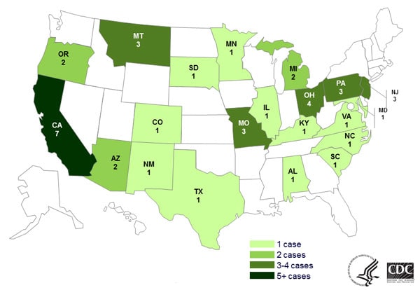 Persons infected with the outbreak strain of Salmonella Typhimuriuim, by state, by state as of June 2, 2014