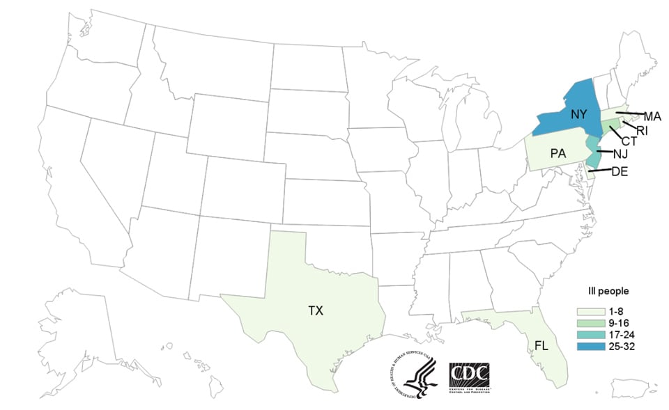 Map of United States - People infected with the outbreak strain of Salmonella, by state of residence, as of September 5, 2019