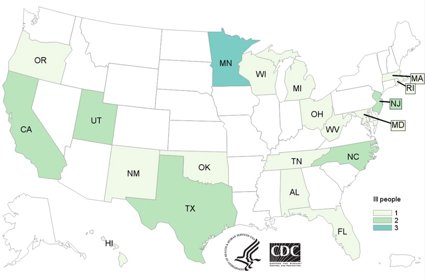 People infected with the outbreak strain of Salmonella Virchow, by state of residence, as of March 21, 2016 (n=27)