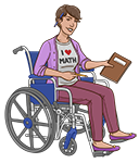 Woman biostatistician sitting a in wheel chair holding folder and pencil.