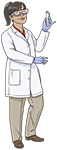 Woman laboratory scientist wearing googles, overcoat, and holding a vial.