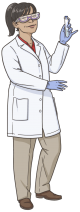 woman laboratory scientist wearing googles, overcoat, and holding a vial.