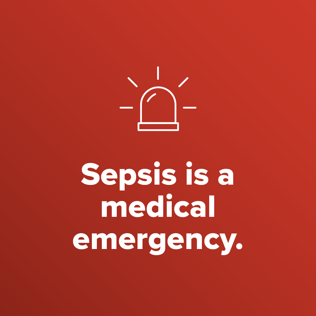 Second panel reads: “Sepsis is a medical emergency.” and shows a flashing light.