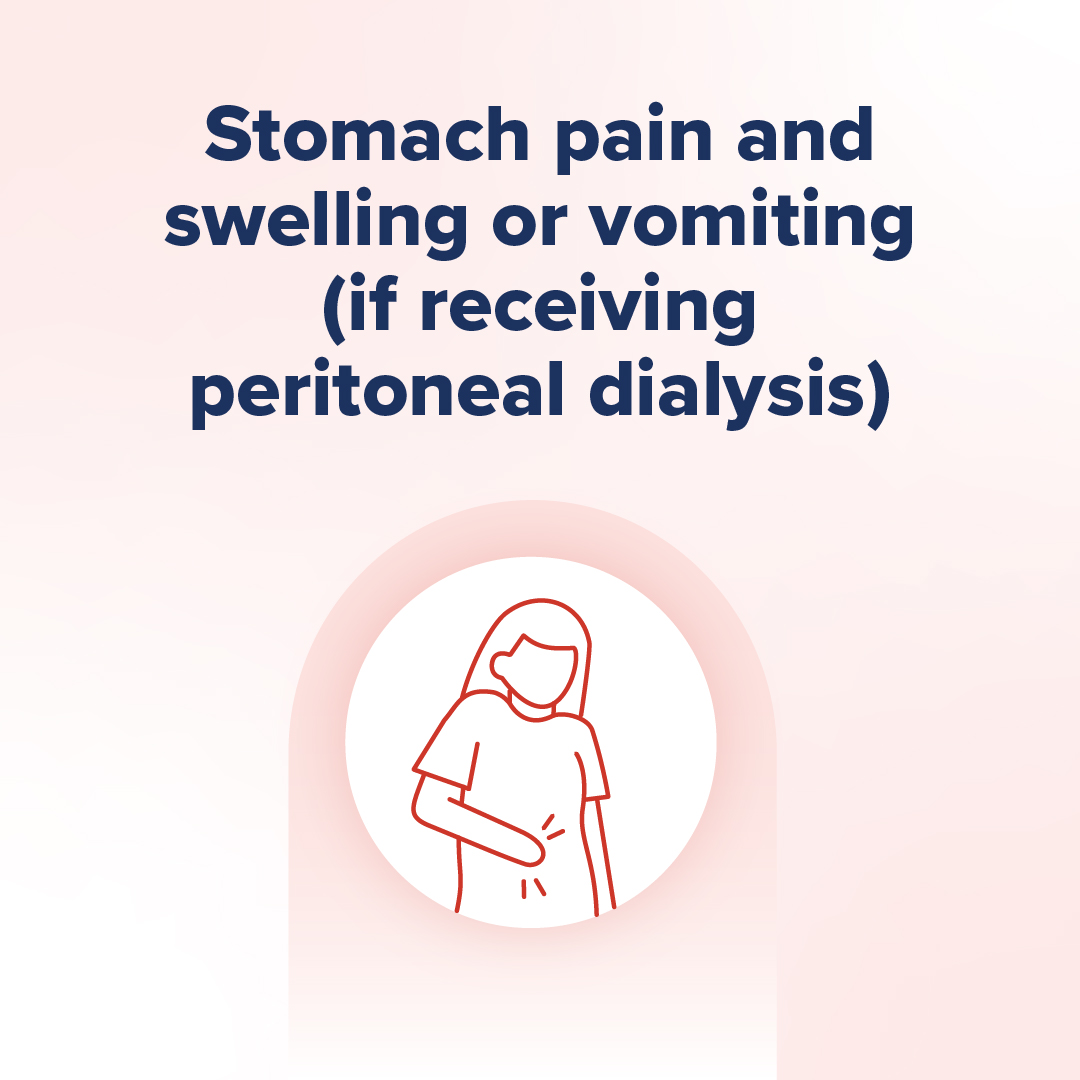 Fourth panel reads: “Stomach pain and swelling or vomiting (if receiving peritoneal dialysis).” and shows a woman grabbing her stomach.