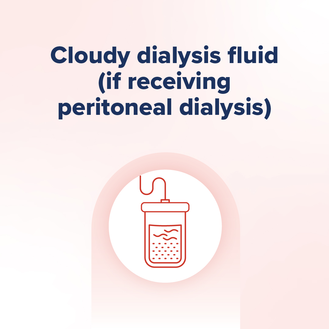 Fifth panel reads: “Cloudy dialysis fluid (if receiving peritoneal dialysis).” and shows cloudy dialysis fluid.