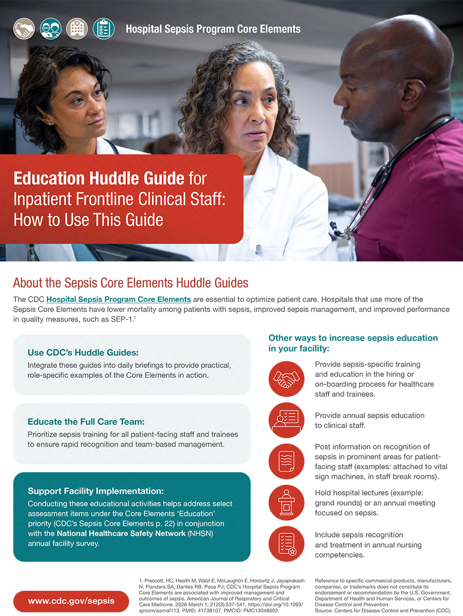 Sepsis Core Elements Education Huddle Guide for All Inpatient Frontline Clinical Staff - Thumb Image