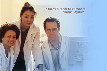 photo of three doctors, It takes a team to eliminate sharps injuries.