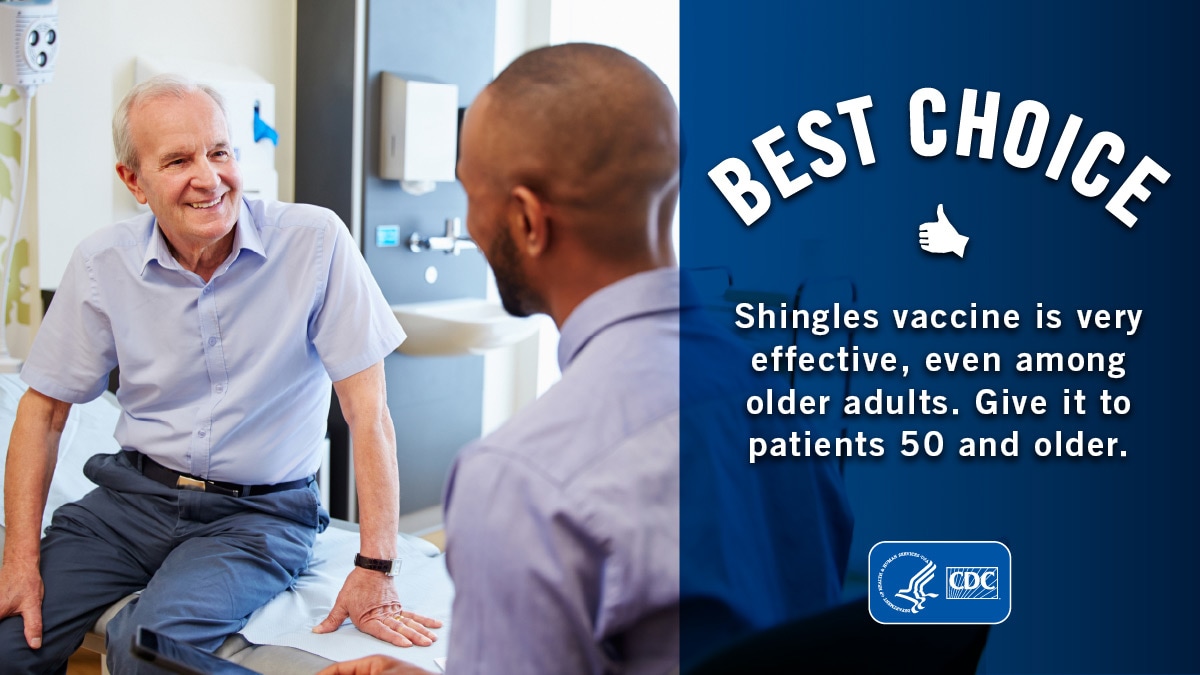 Best Choice. Shingles vaccine is very effective, even among the elderly. Give it to patients 50 and older. Doctor consulting with older patient sitting on the exam table.