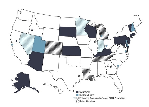US map with SUID and SDY case registry awardees