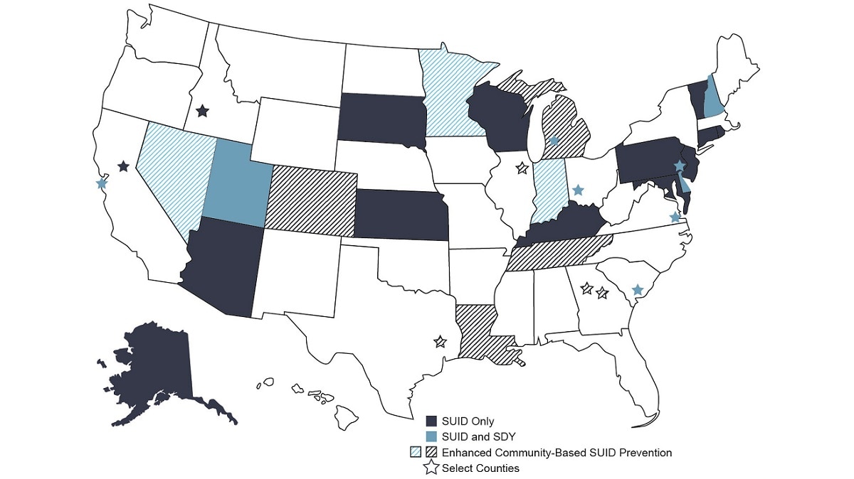 US map showing SUID and SDY case registry awardees