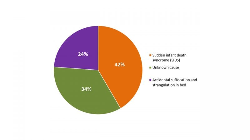 The breakdown of sudden unexpected infant deaths by cause in 2016 is as follows: 42% of cases were categorized as sudden infant death syndrome, followed by unknown cause (34%), and accidental suffocation and strangulation in bed (24%).
