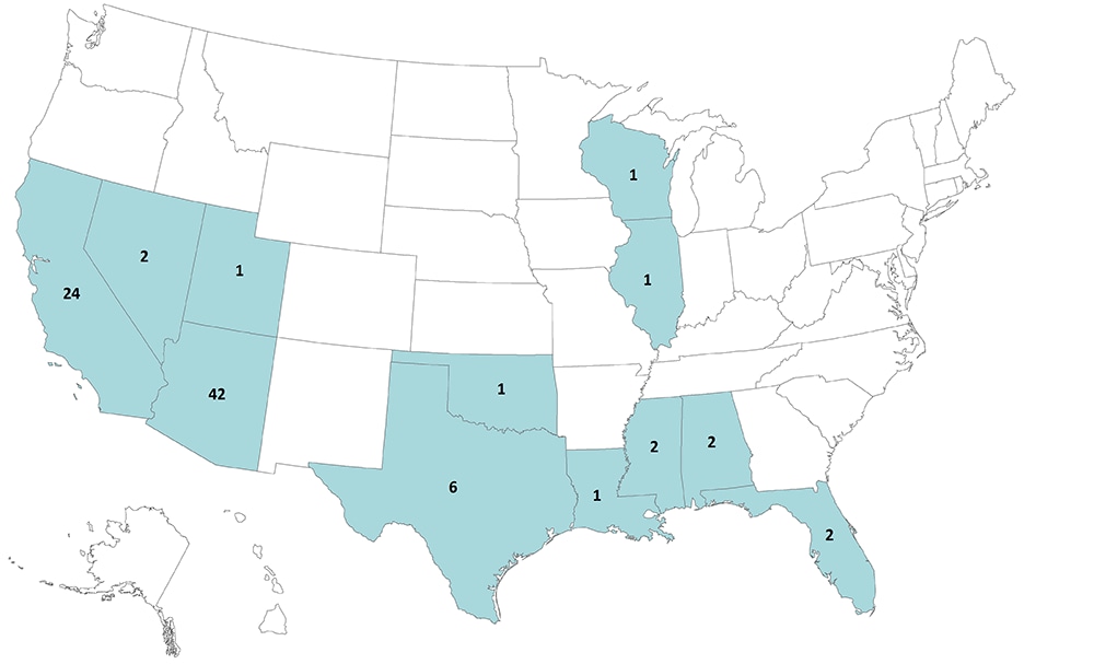 From 2009 through 2018, St. Louis encephalitis virus neuroinvasive disease cases have been reported in Alabama (3), Arkansas (9), Arizona (22), California (9), Florida (2), Illinois (1), Indiana (1), Michigan (2), Mississippi (4), Missouri (1), Nevada (2), Texas (9), Utah (1), Washington (1), and Wisconsin (1).
