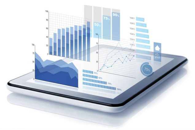 Three-dimensional data and statistics charts rising from a tablet device