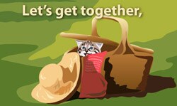 Gráfico con cesta de picnic que dice: Let's get together,