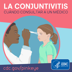 Gráfica: Una doctora revisando los ojos de una niña con un ojo inflamado o irritado