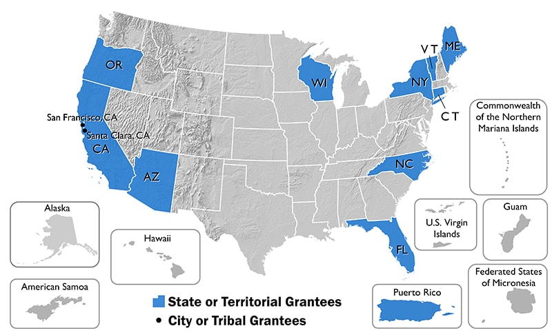 Mapa de los estados y ciudades de los CDC Climate Ready States and Cities actualmente financiados por los estados.