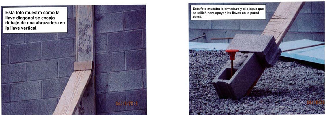 Fotografía 1. Listón superior del puntal del muro. Fotografía 2. Bloques y barra de refuerzo empleados para asegurar el  puntal del muro. 