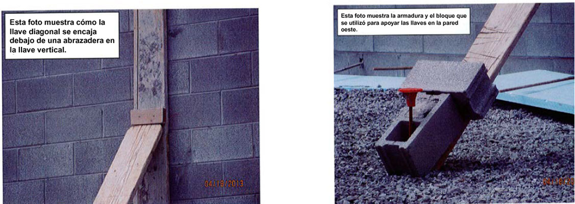 Fotografía 1. Listón superior del puntal del muro. Fotografía 2. Bloques y barra de refuerzo empleados para asegurar el puntal del muro. Fotografía 1. Listón superior del puntal del muro. Fotografía 2. Bloques y barra de refuerzo empleados para asegurar el puntal del muro.