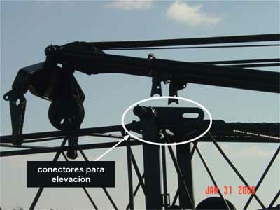 Esta fotografía muestra los conectores para elevación usados para asegurar el mástil y la pluma en plumas de 80 pies o menos