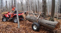 Trabajador jalando un tronco en una pequeña operación forestal.