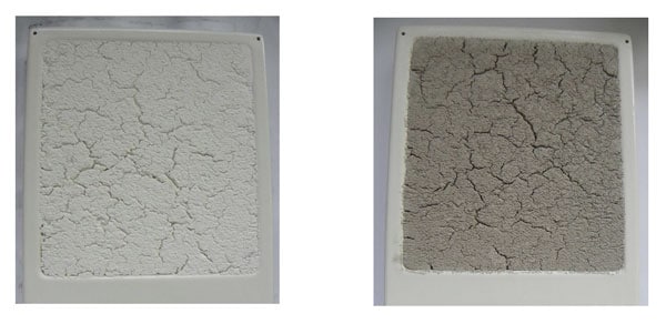 Figura 9: “Fotos de dos tipos diferentes de polvo de roca que se expusieron a la humedad y se dejaron secar. Tienen una superficie dura y agrietada”.