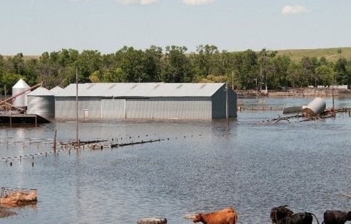 Vista de una granja inundada que muestra la parte inferior de un granero y de un silo en el agua; se ven árboles al fondo de la foto.