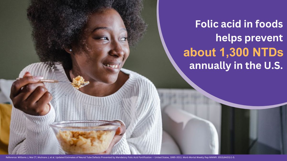 Image of black woman eating a bowl of cereal, with the words "Folic acid in foods helps prevent about 1,300 NTDs annually in the U.S.
