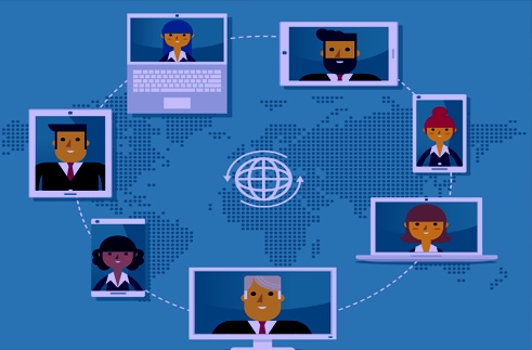 An animated image showing seven people in a circle connecting remotely from their own laptop, computer, and tablet screens