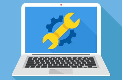 An animated laptop with a yellow wrench on the screen