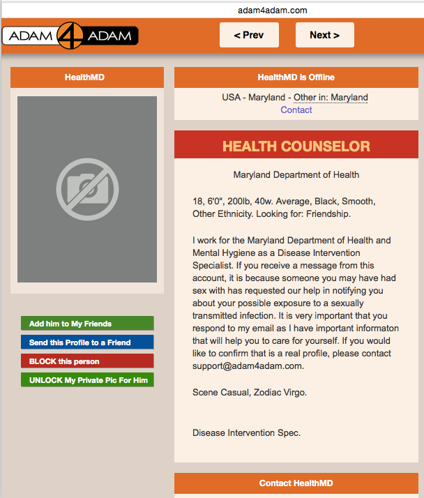 Example from Adam4Adam.com, Maryland Department of Health