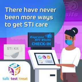 "There have never been more ways to get STD care." Illustration of someone at STD check-in.