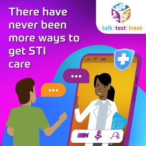 "There have never been more ways to get STD care". Illustration of a video call.