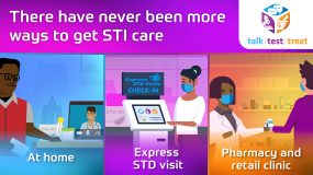 "There have never been more ways to get STD care. At home. Express STD visit. Pharmacy and retail clinic." Doctors and people