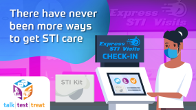 "There have never been more ways to get STD care." Illustration of person of STD check-in.