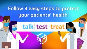 Talk. Test. Treat. Social Media banner graphic. "Follow 3 easy steps to protect your patients' health." Shows 4 doctors