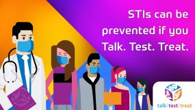 Talk. Test. Treat. Social Media banner graphic. "Preventing STDs doesn't have to be hard. Talk. Test. Treat." Shows doctor with patients.
