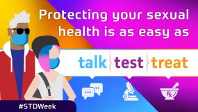 Talk. Test. Treat. Social Media banner graphic. "Protecting your sexual health is as easy as Talk. Test. Treat." Illustration of a couple.